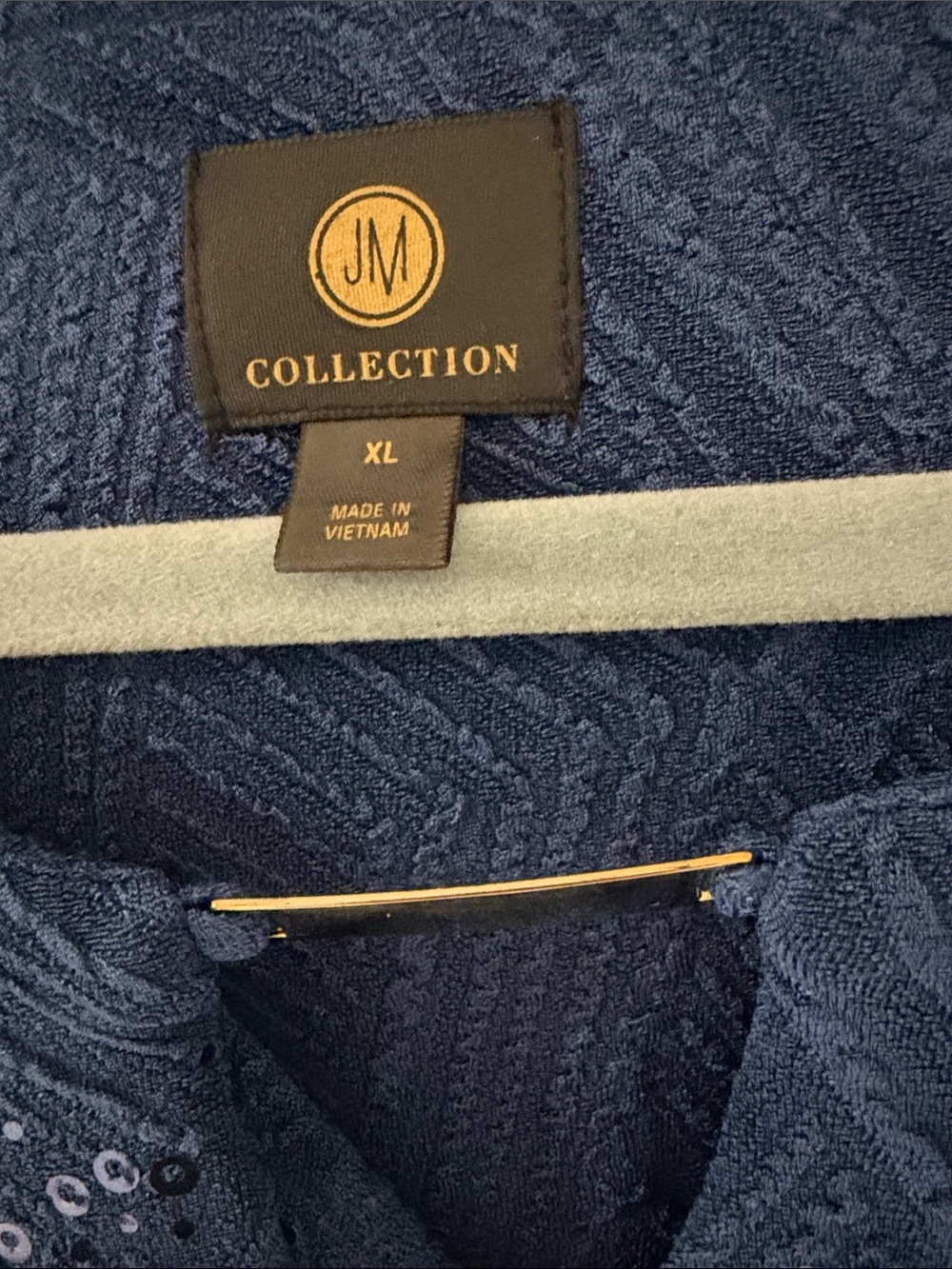 JM Collection Blue Sequin Textured V-Neck Top - Picture 3 of 5